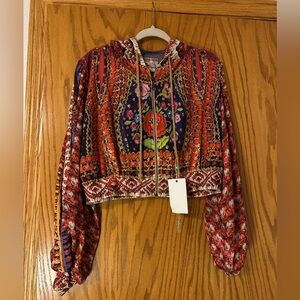 IPNG Make Me Boho Puff Sleeve Cropped Zip Up Hooded Blouse - NWT - Size US 8-10